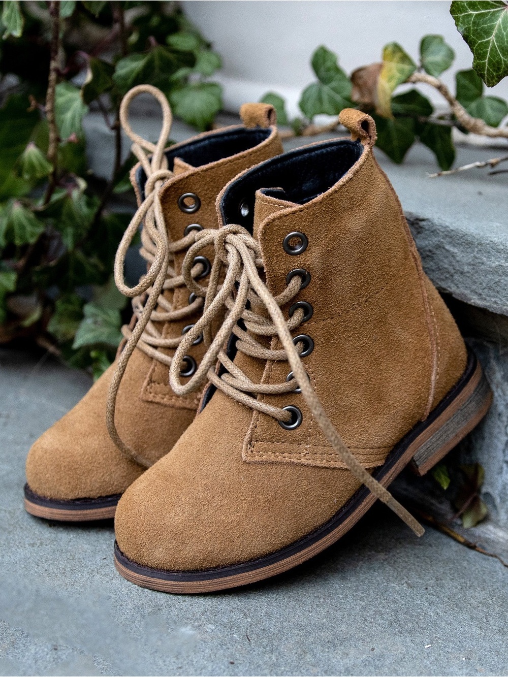 Kids Suede Lace-Up Ankle Boots in Tan